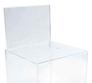 Urne plexiglas transparent avec porte-visuel A4 intégré affichage règlement jeu concours Luxembourg