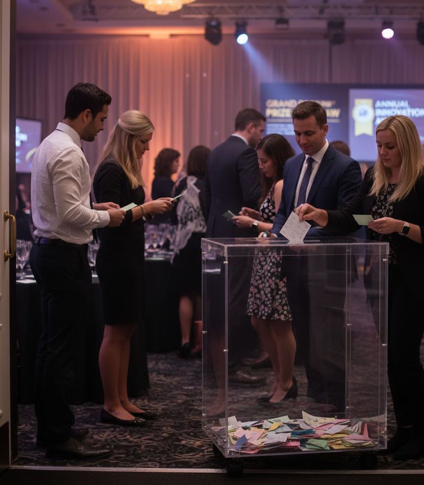 urne BACROL roulettes en situation utilisation salon exposition collecte bulletins luxembourg