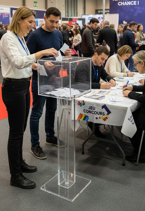 urne plexiglas transparente sur pied aluminium pour jeu concours commerce luxembourg